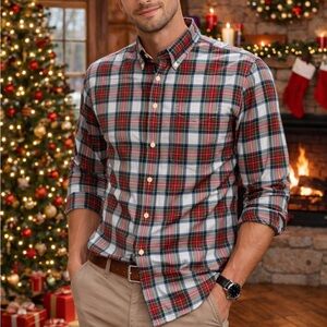 Jos A Bank Plaid Button Down Shirt Cotton Men’s L Festive Holiday Classic Office